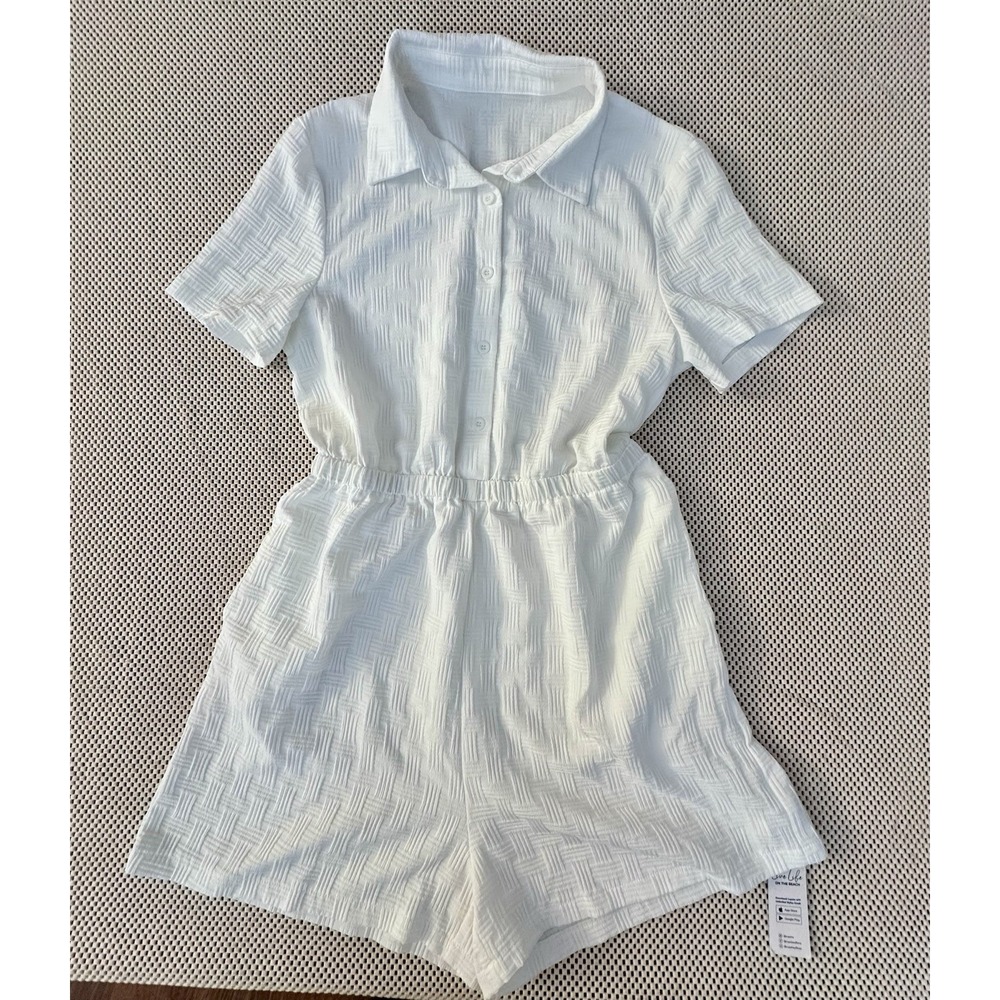 NEW Cupshe White Romper Sz L Button Down Boho Jumper Casual Stretch Shorts Gauzy